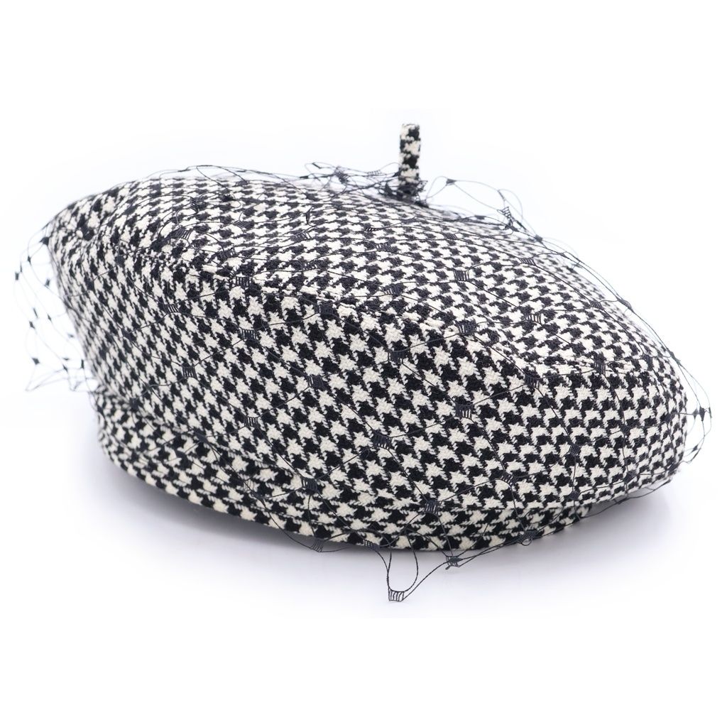 Dior Check Houndstooth Pattern Lace Layered Beret Hat Black White