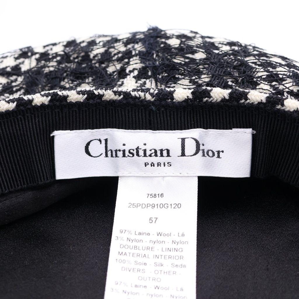 Dior Check Houndstooth Pattern Lace Layered Beret Hat Black White — view 7