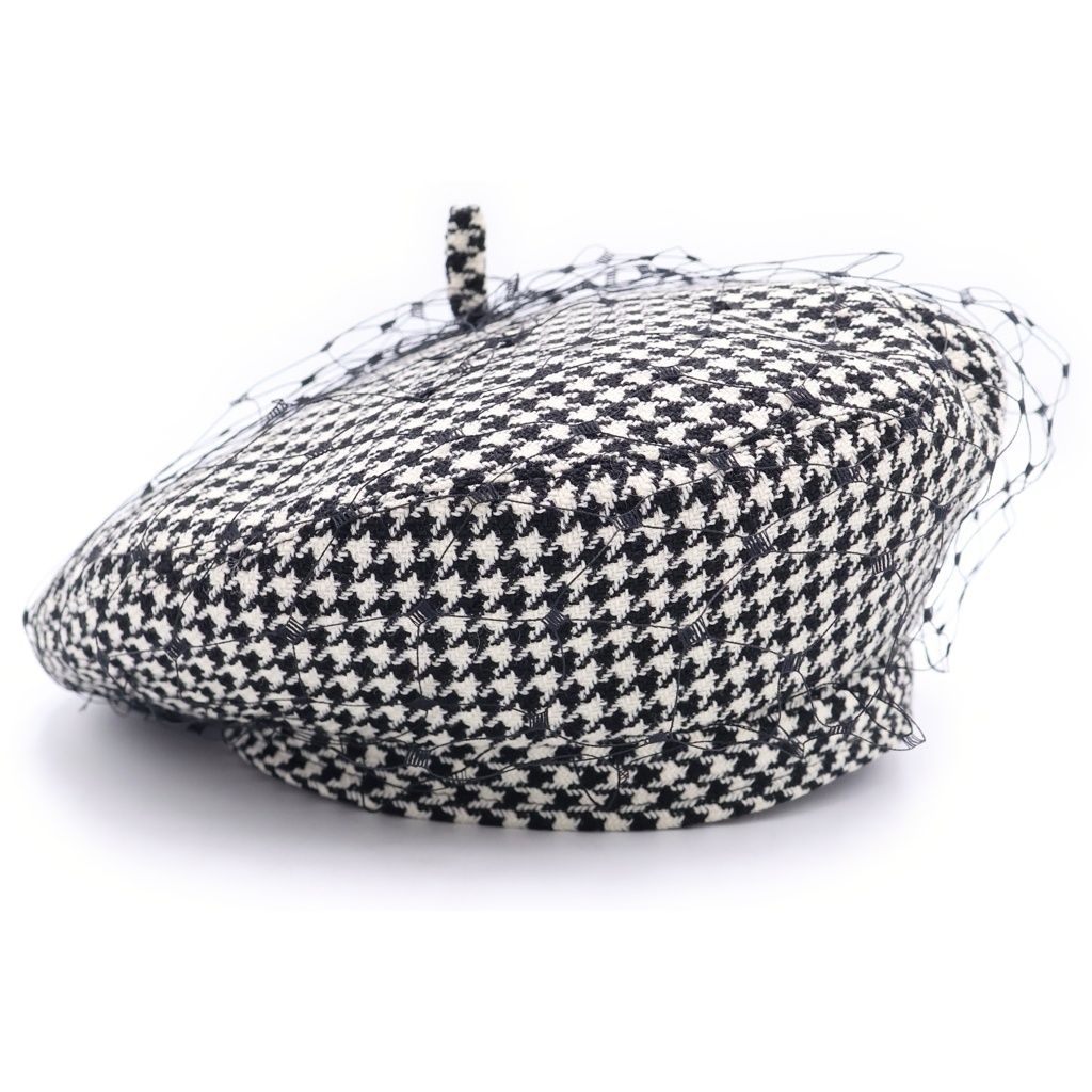 Dior Check Houndstooth Pattern Lace Layered Beret Hat Black White — view 3