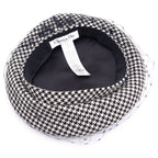 Dior Check Houndstooth Pattern Lace Layered Beret Hat Black White — view 5
