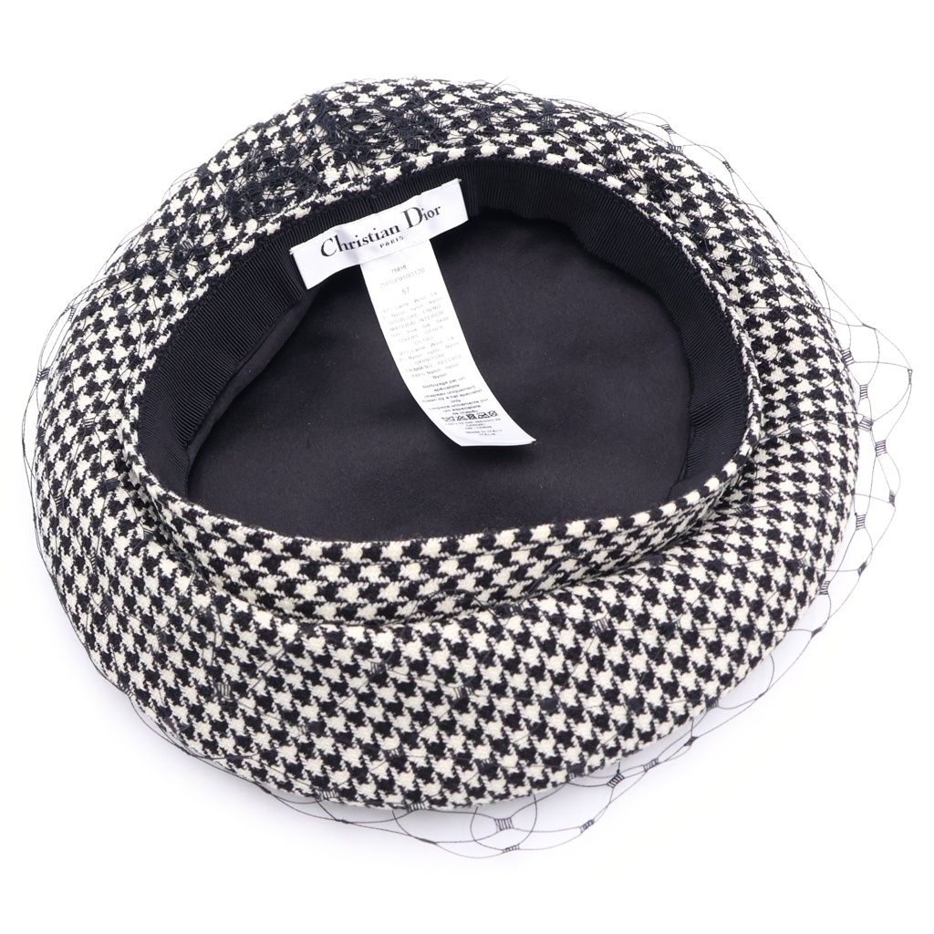 Dior Check Houndstooth Pattern Lace Layered Beret Hat Black White — view 5
