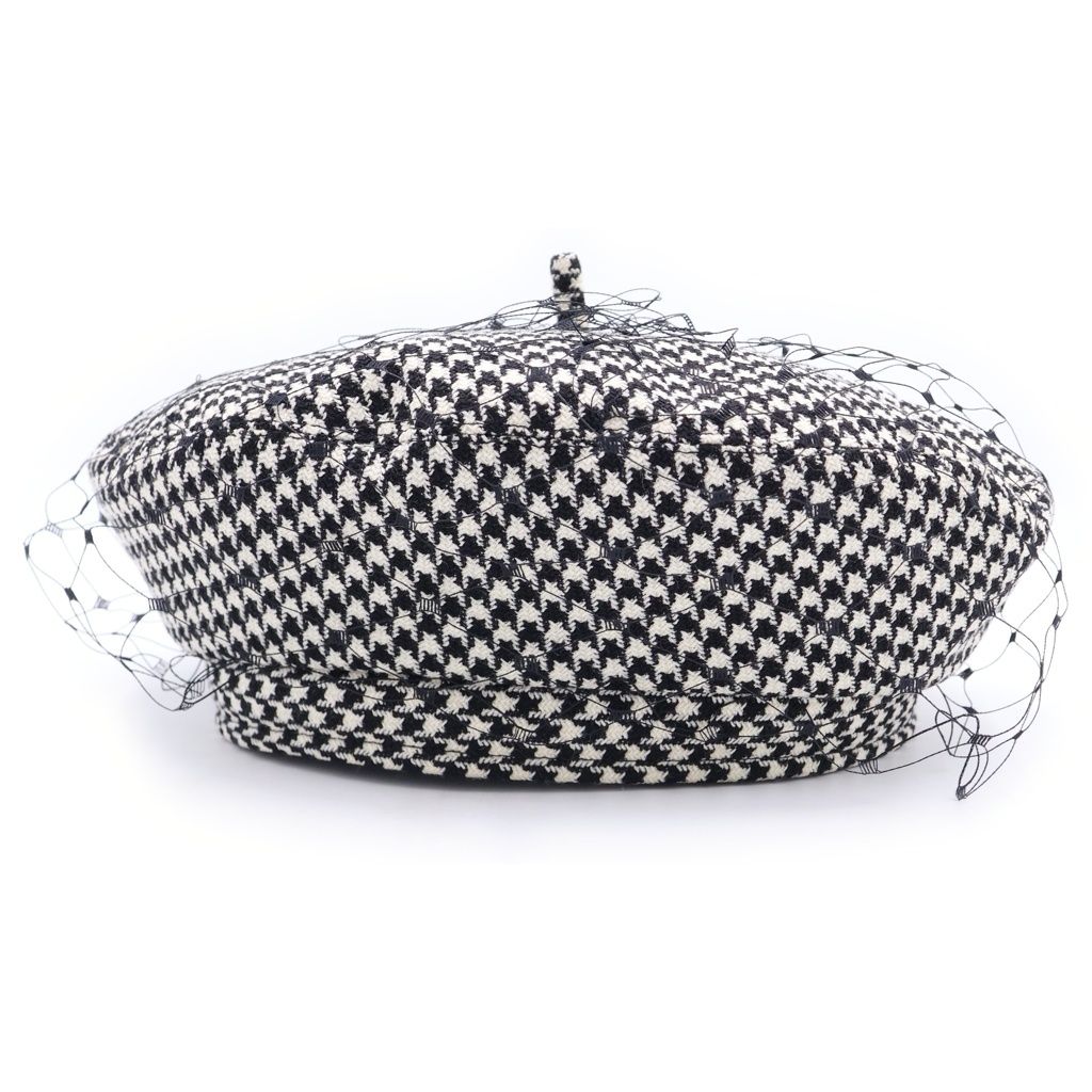 Dior Check Houndstooth Pattern Lace Layered Beret Hat Black White — view 4