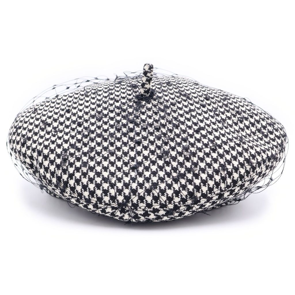Dior Check Houndstooth Pattern Lace Layered Beret Hat Black White — view 2
