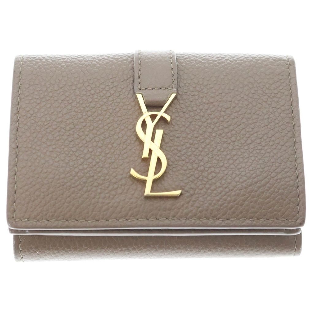 Saint Laurent Paris Origami Tiny Wallet Trifold Coin Case Brown Beige Leather