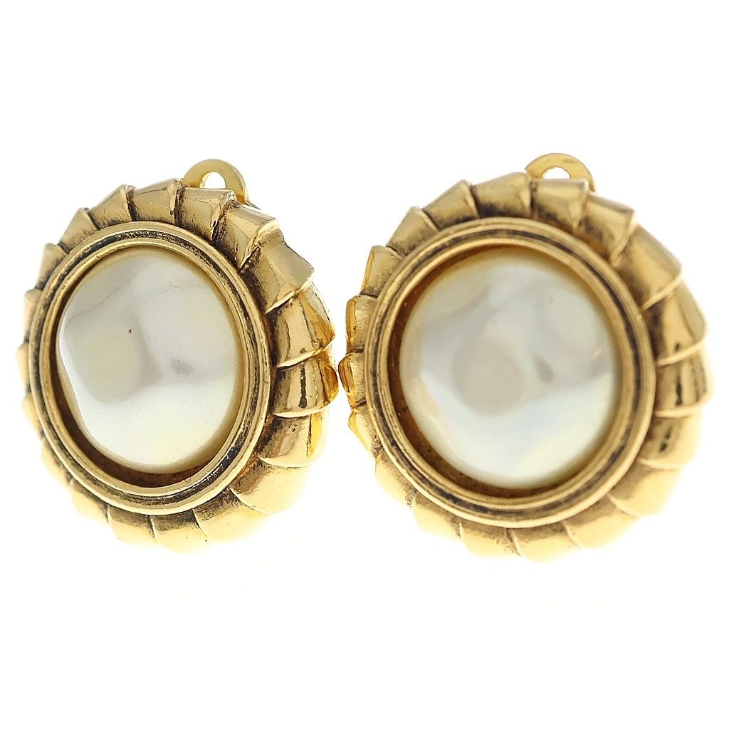 Chanel Vintage Faux Pearl Earrings Gold White