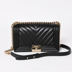 Chanel Boy Chain Shoulder Bag V-shaped Stitch Chevron CC Logo Lambskin Black