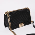 Chanel Boy Chain Shoulder Bag V-shaped Stitch Chevron CC Logo Lambskin Black — view 3