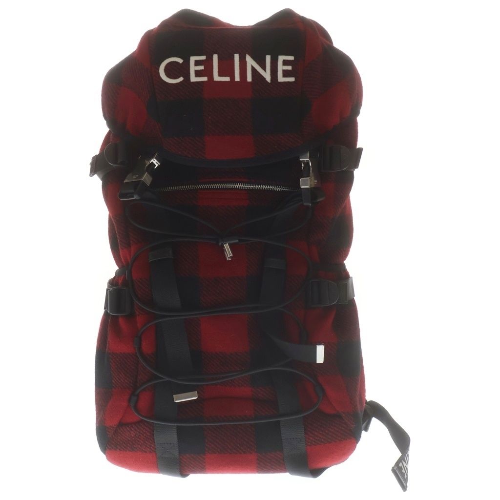 Celine Logo Embroidery Plaid Wool Backpack Red Black