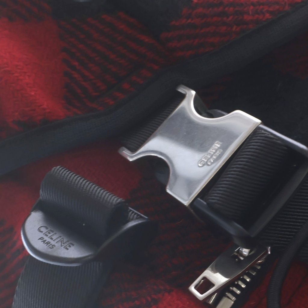 Celine Logo Embroidery Plaid Wool Backpack Red Black — view 6