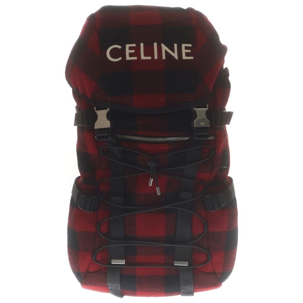 Celine Logo Embroidery Plaid Wool Backpack Red Black