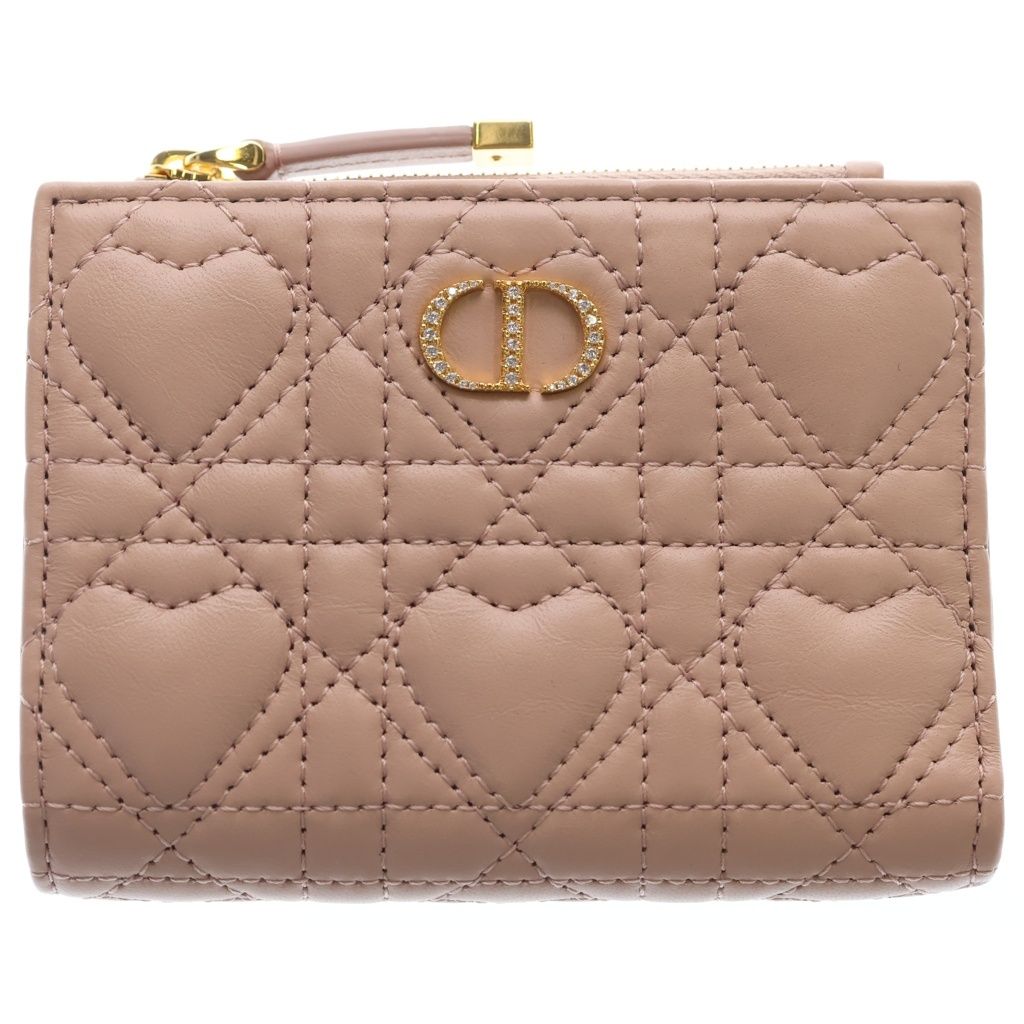 Dior Heart Cannage Lambskin Leather Rhinestone Compact Wallet Bifold Pink
