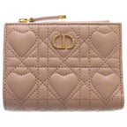 Dior Heart Cannage Lambskin Leather Rhinestone Compact Wallet Bifold Pink