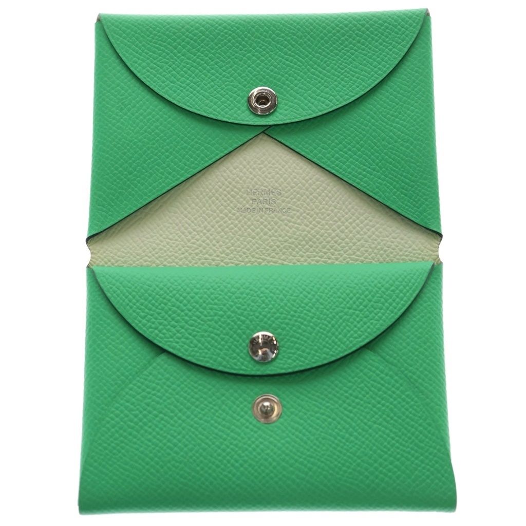 Hermes Calvi Duo Epsom Silver Card Case Business Holder Coin Vert Vertigo Jaune — view 4