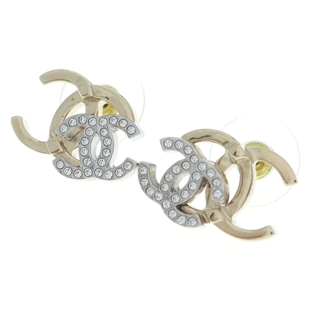 Chanel CC Logo Earrings Rhinestone Silver Gold