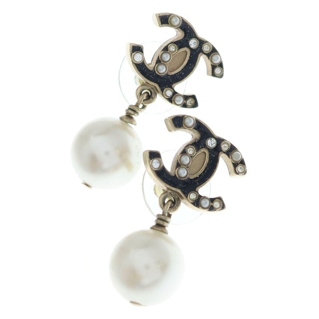 Chanel CC Logo Faux Pearl Earrings Gold Black