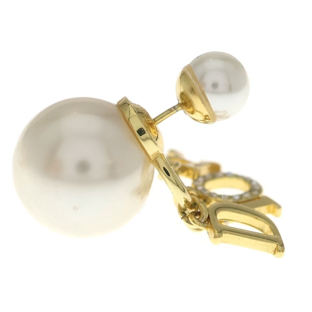 Dior Logo Faux Pearl Rhinestone Tribal Earrings Gold — view 3