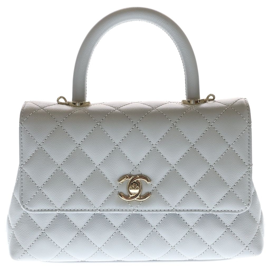 Chanel Quilted Coco Handle 24 2-Way Shoulder Handbag Caviar Leather Gold Gray