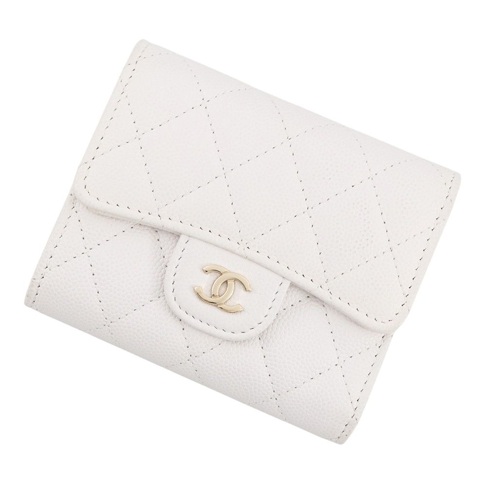 Chanel Trifold Wallet Quilted CC Logo Classic Small Flap Caviar Leather White