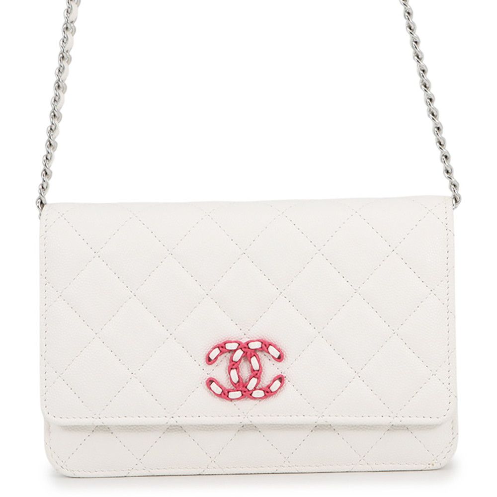 Chanel Chain Wallet CC Logo Quilted 19 Caviar Leather White