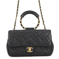 Chanel Chain Shoulder Bag Quilted CC Logo Top Handle Lambskin Black
