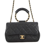 Chanel Chain Shoulder Bag Quilted CC Logo Top Handle Lambskin Black