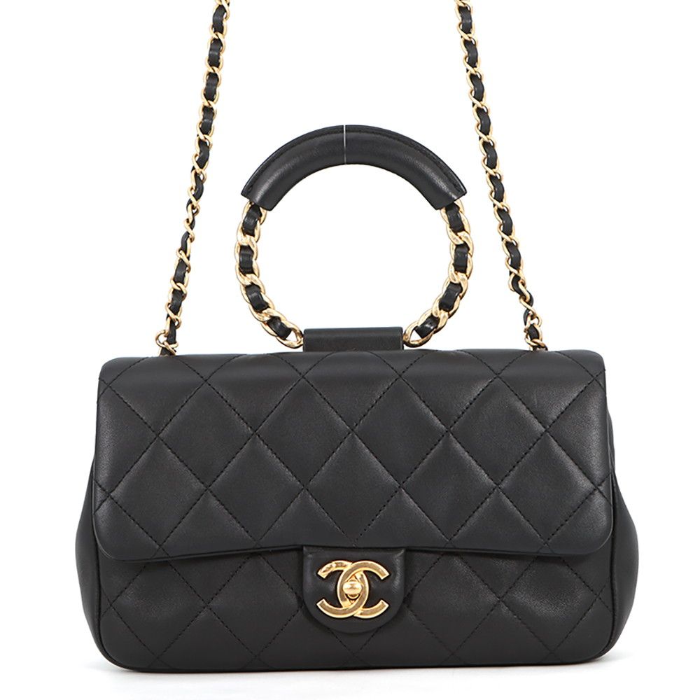 Chanel Chain Shoulder Bag Quilted CC Logo Top Handle Lambskin Black