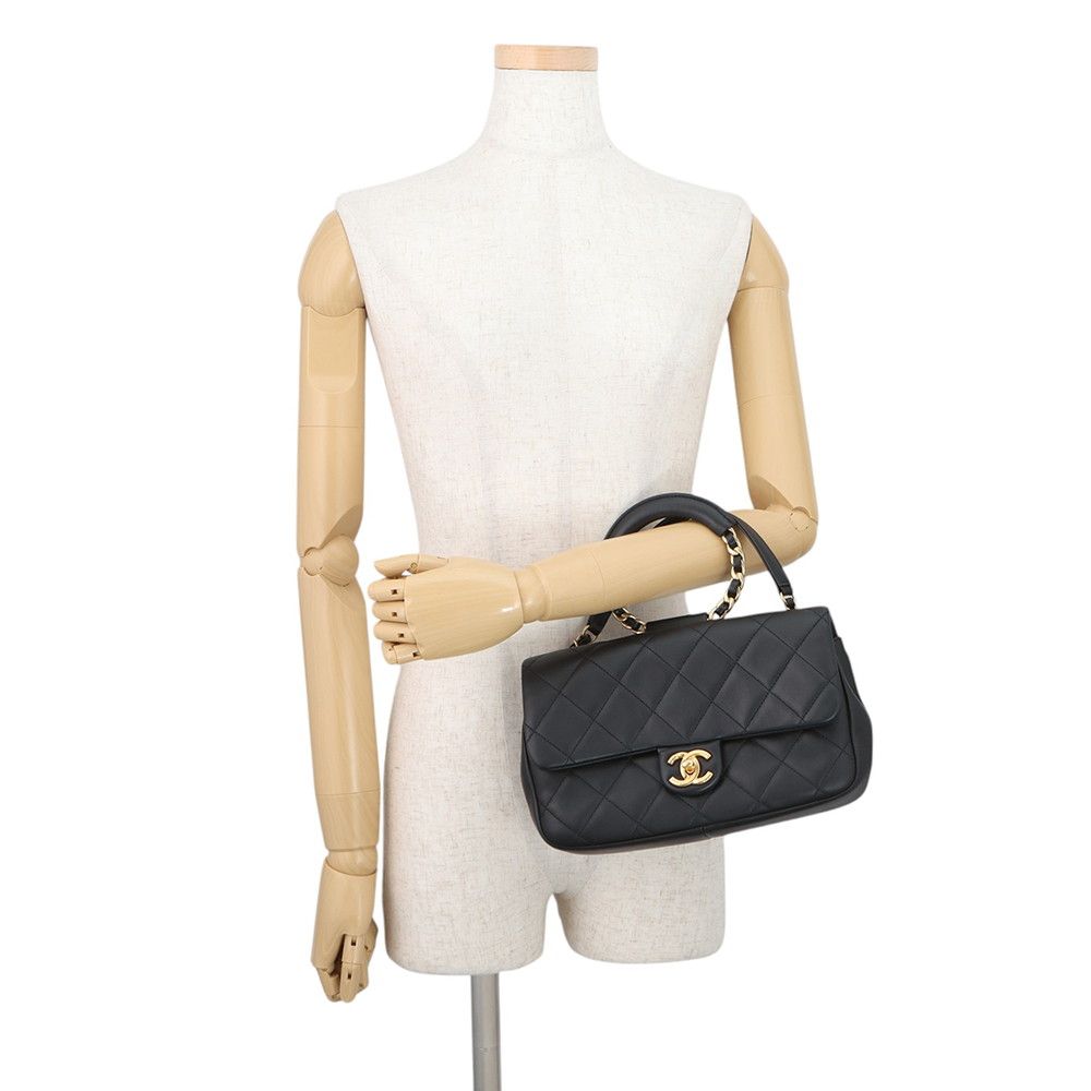 Chanel Chain Shoulder Bag Quilted CC Logo Top Handle Lambskin Black — view 4