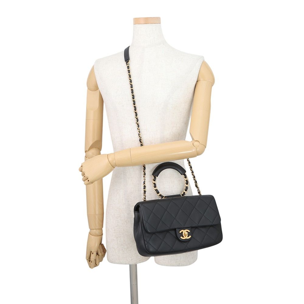 Chanel Chain Shoulder Bag Quilted CC Logo Top Handle Lambskin Black — view 5