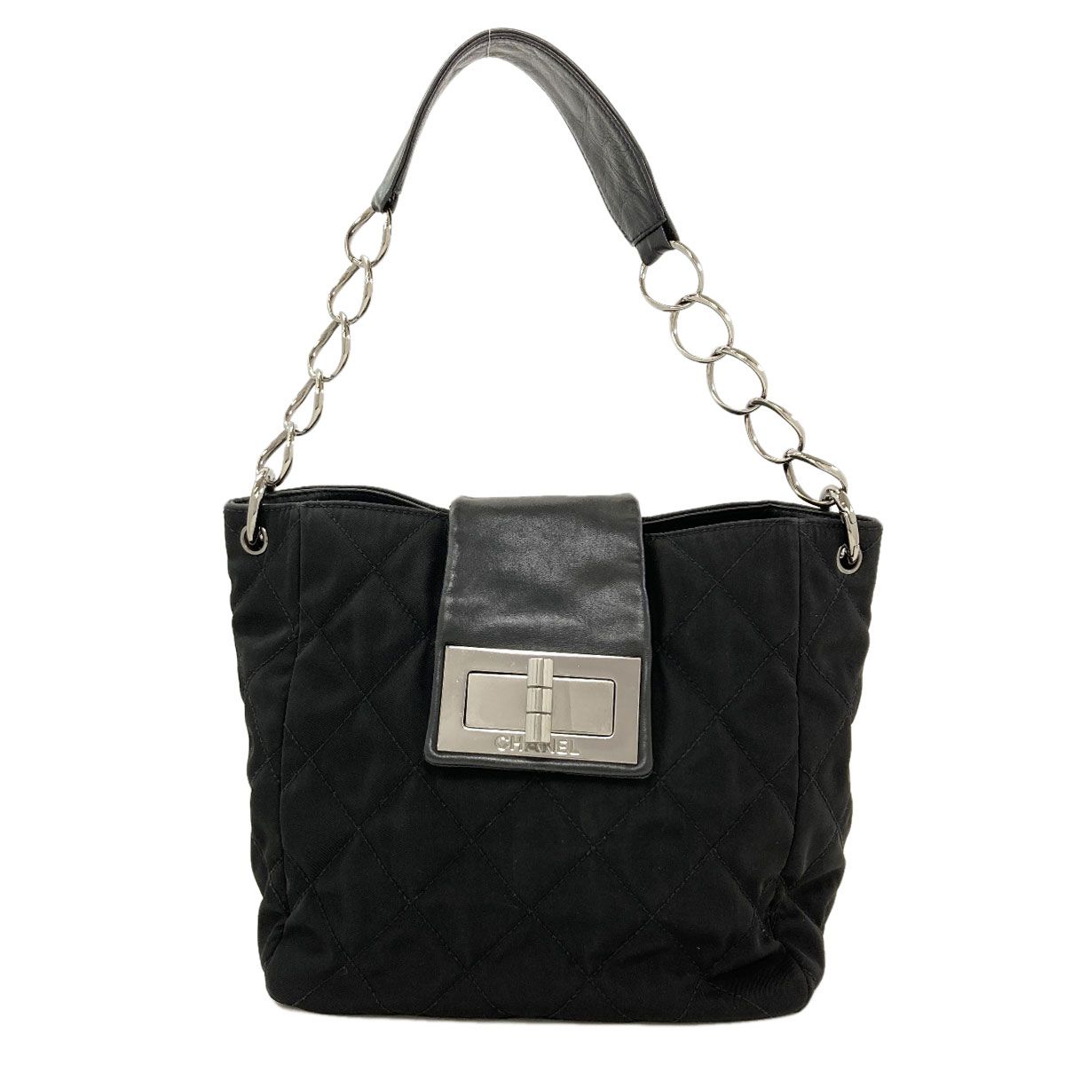 Chanel Quilted Shoulder Silver Bag Nylon Calf