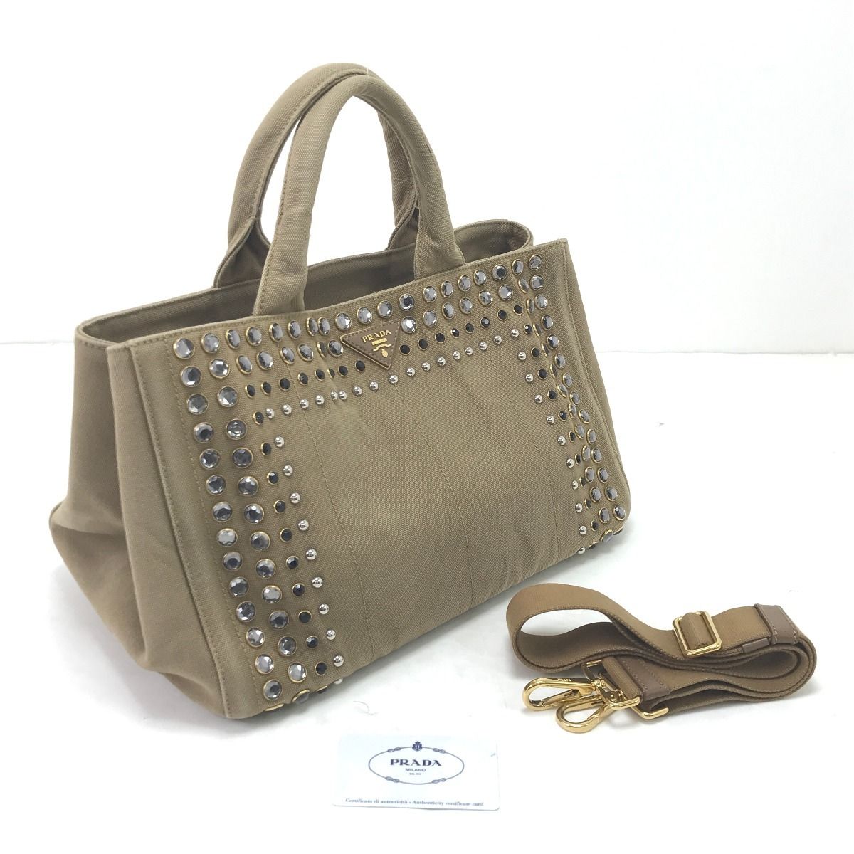Prada 2-Way Shoulder Bag Canapa Studs Beige