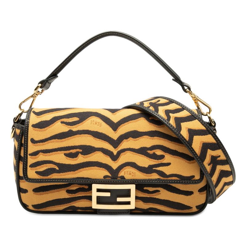 Fendi Mamma Bucket Tiger 2-Way Shoulder Bag Yellow Black Canvas Leather