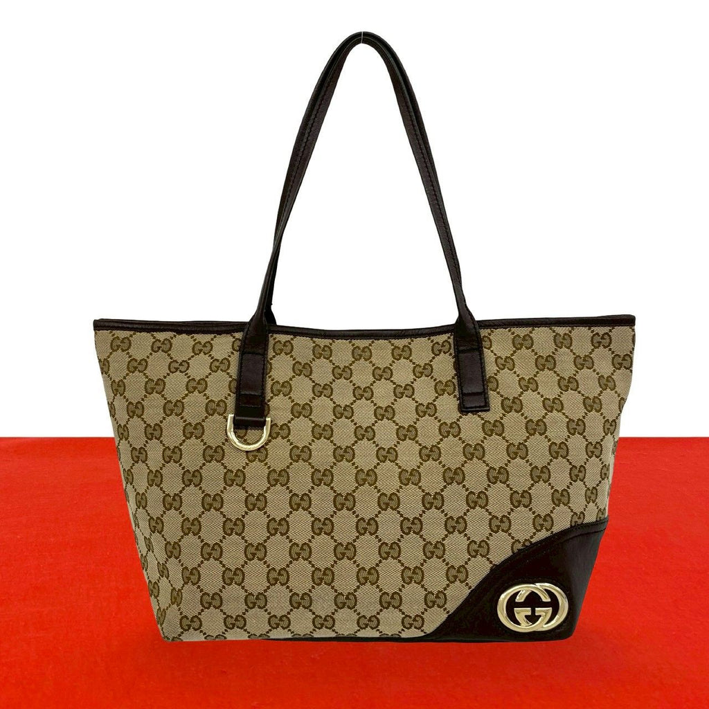 Gucci GG Canvas Logo Tote Boston Bag Brown