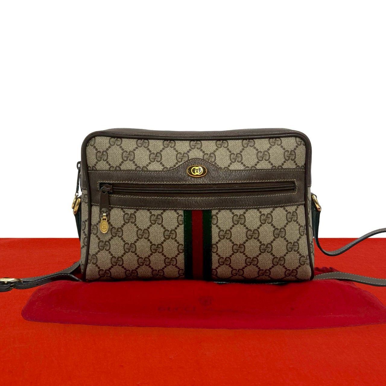 Gucci Vintage Sherry Line GG Logo Leather Shoulder Bag Pochette Brown