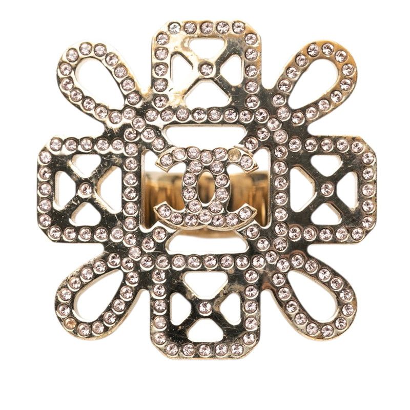 Chanel CC Logo Ring Gold Pink Plated Rhinestone