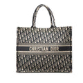 Dior Oblique Embroidery Book Tote Handbag Navy Beige Canvas