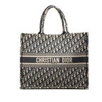 Dior Oblique Embroidery Book Tote Handbag Navy Beige Canvas
