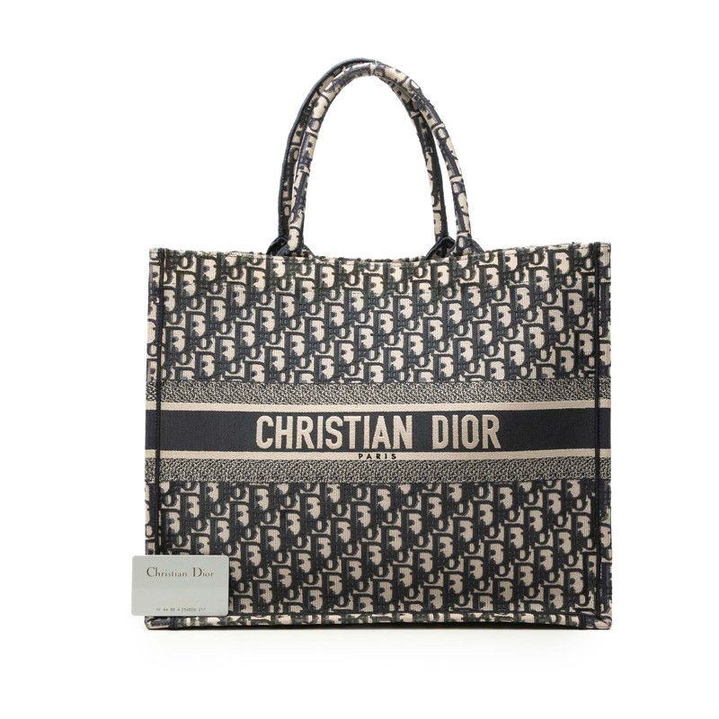 Dior Oblique Embroidery Book Tote Handbag Navy Beige Canvas — view 7