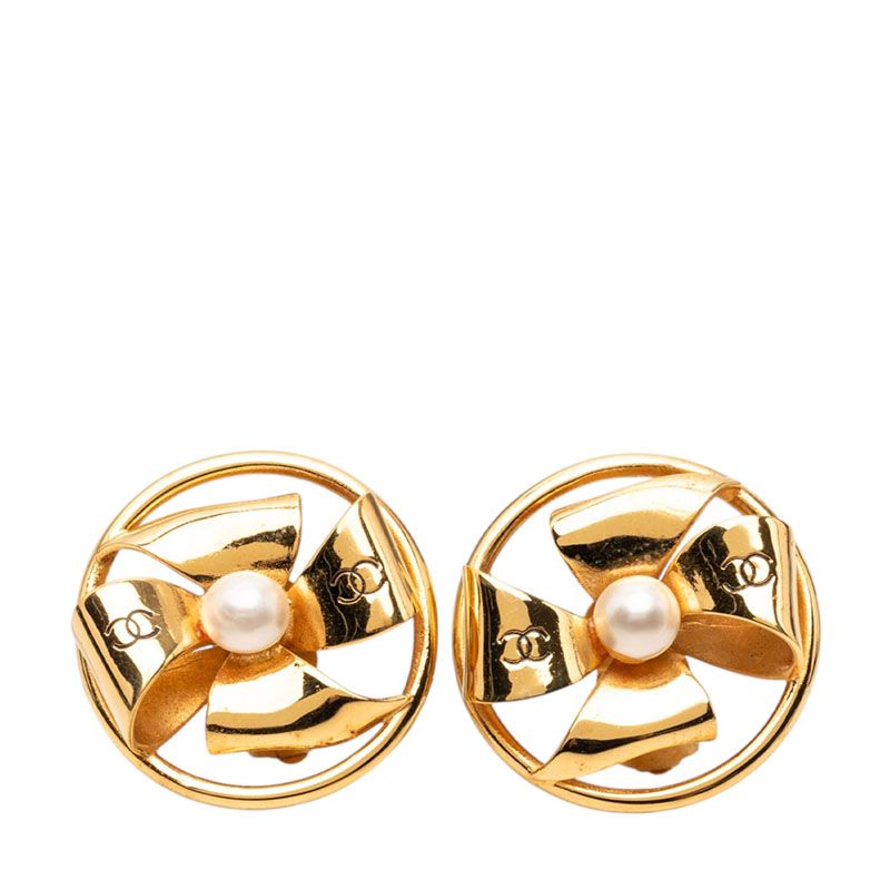 Chanel CC Logo Ribbon Round Earrings Gold Plated Faux Pearl