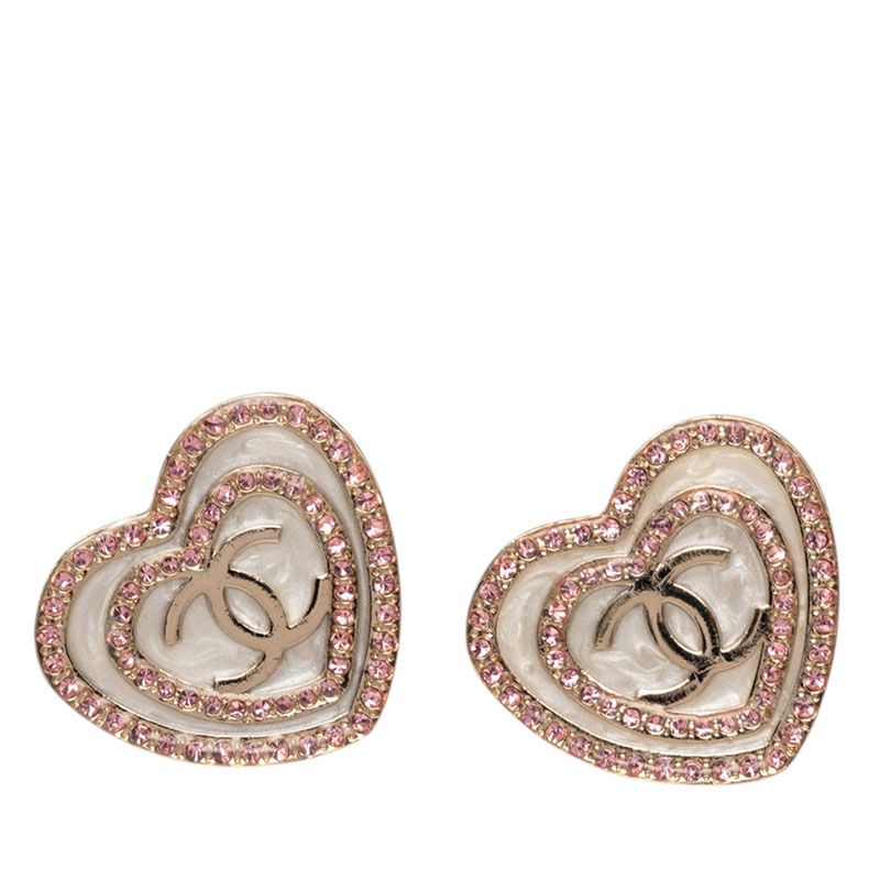 Chanel CC Logo Heart Motif Stud Earrings Gold Pink Plated Rhinestone