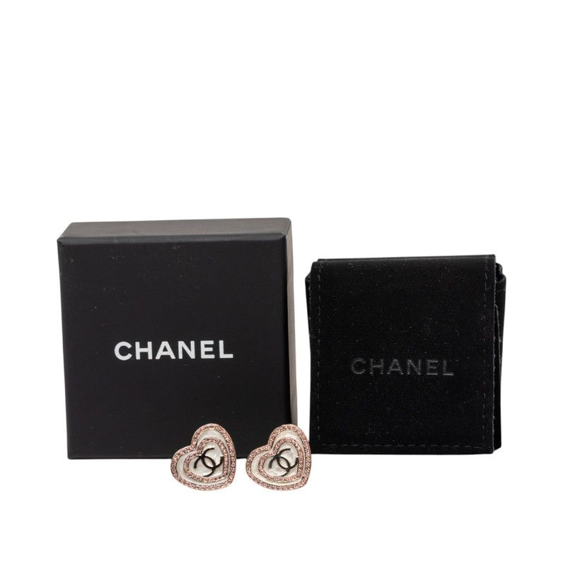 Chanel CC Logo Heart Motif Stud Earrings Gold Pink Plated Rhinestone — view 4