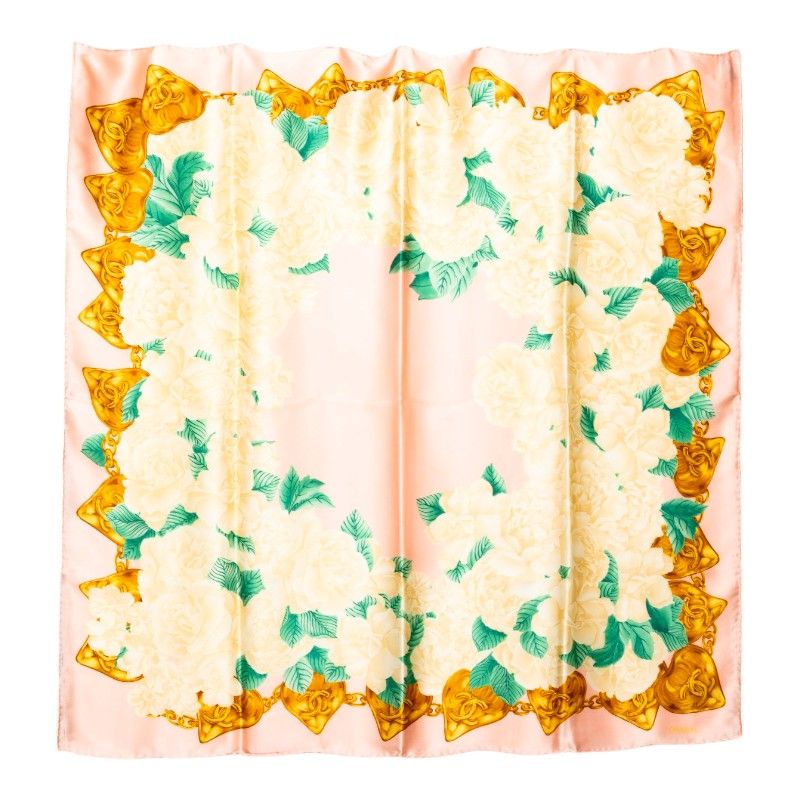 Chanel CC Logo Camellia Scarf Pink Beige Silk