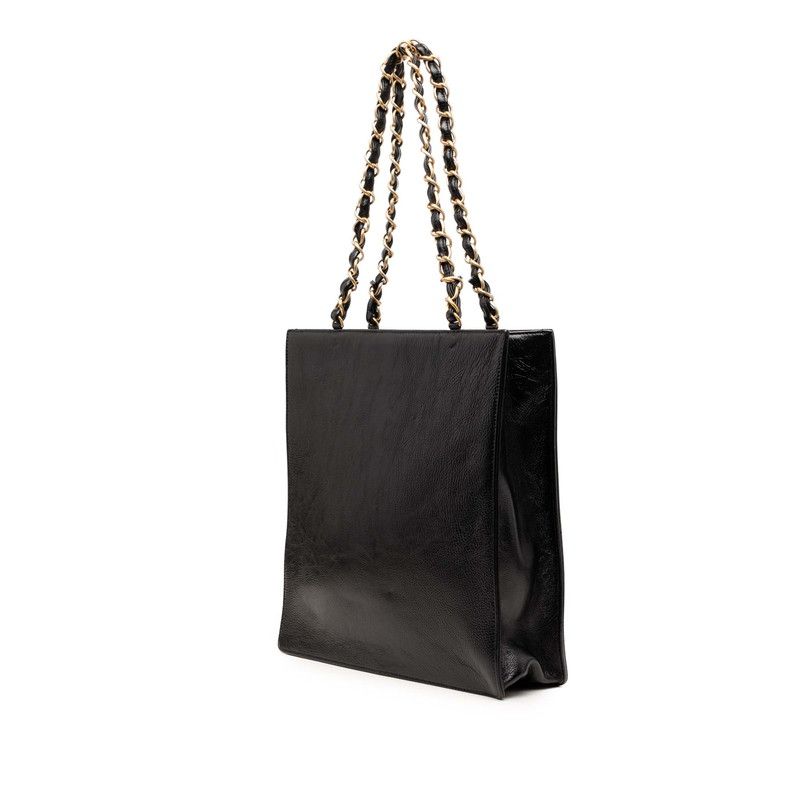 Chanel CC Logo Chain Tote Shoulder Bag Black Leather — view 2