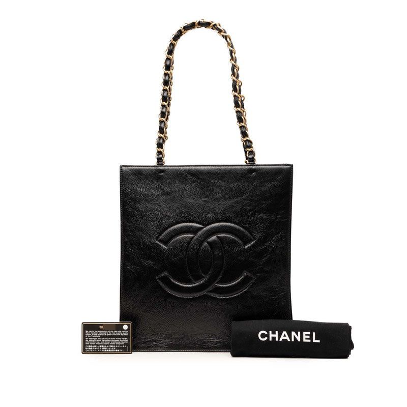 Chanel CC Logo Chain Tote Shoulder Bag Black Leather — view 7