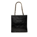 Chanel CC Logo Chain Tote Shoulder Bag Black Leather
