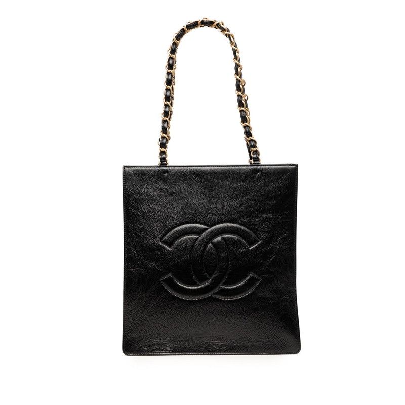 Chanel CC Logo Chain Tote Shoulder Bag Black Leather