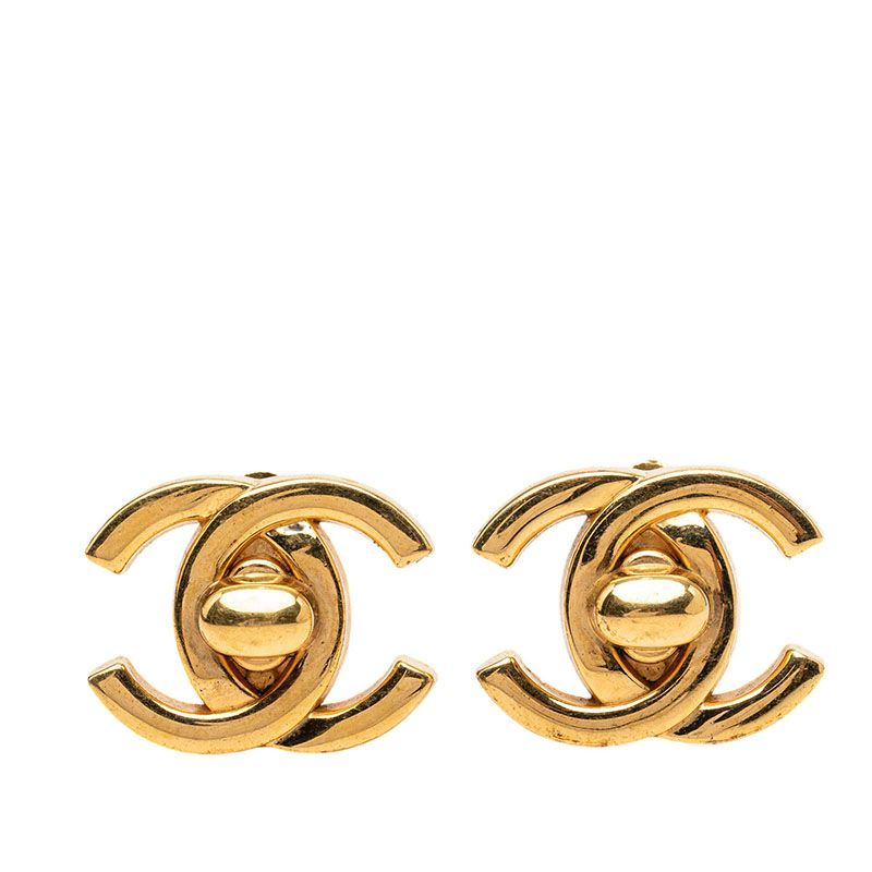 Chanel CC Logo Turnlock Vintage Earrings Gold Plated
