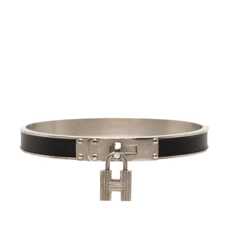 Hermes Kelly Bangle Cadena Motif Silver Black Metal Leather Bracelet