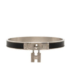 Hermes Kelly Bangle Cadena Motif Silver Black Metal Leather Bracelet