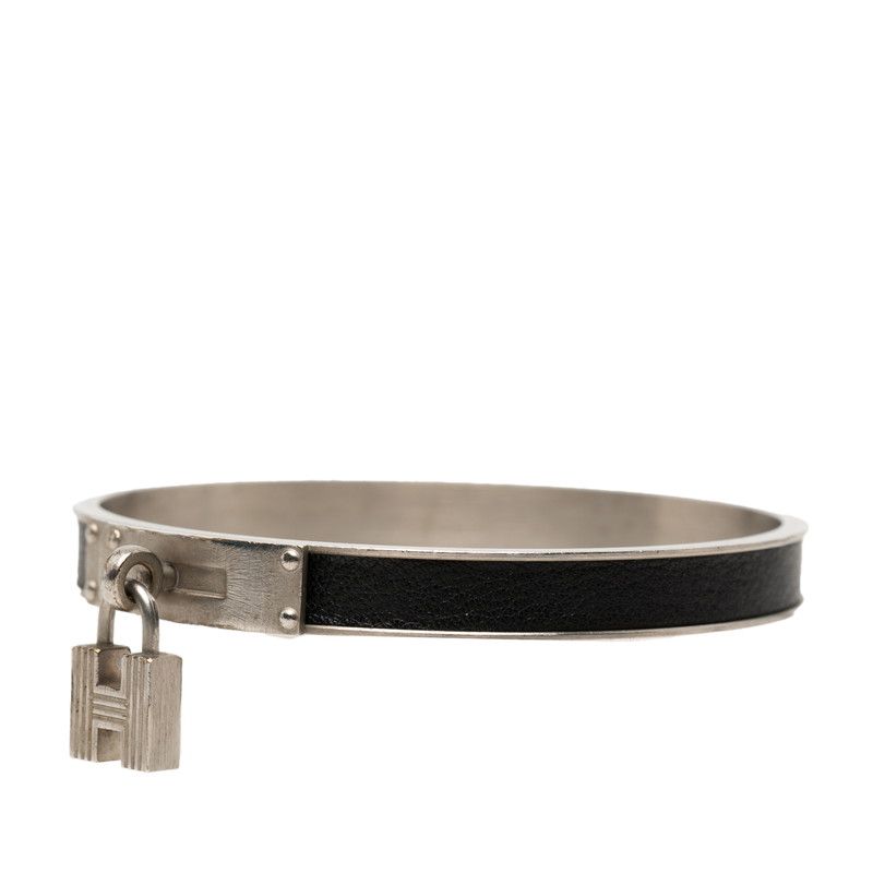 Hermes Kelly Bangle Cadena Motif Silver Black Metal Leather Bracelet — view 2