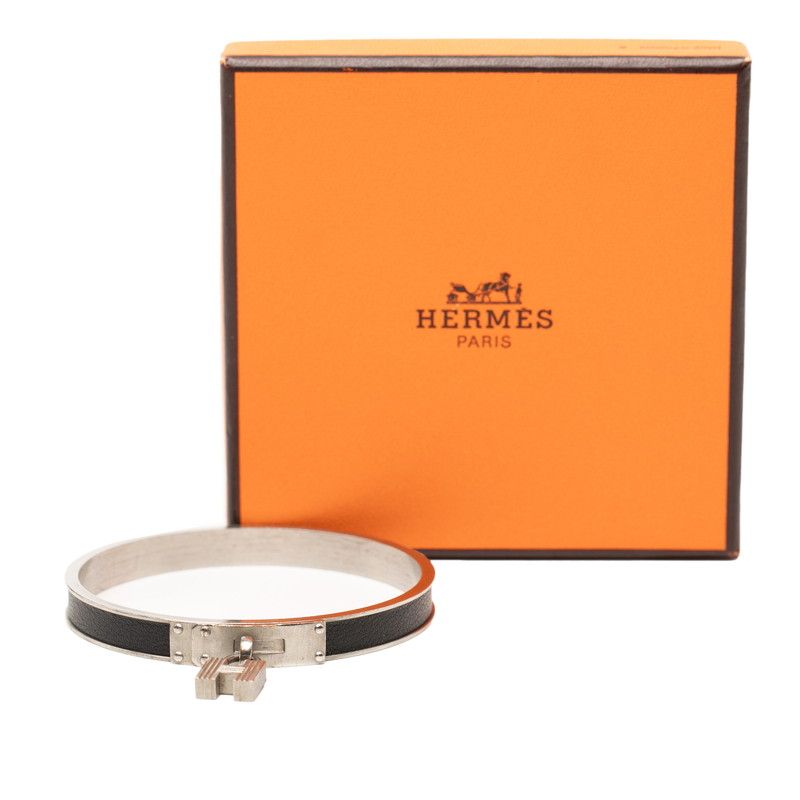 Hermes Kelly Bangle Cadena Motif Silver Black Metal Leather Bracelet — view 5